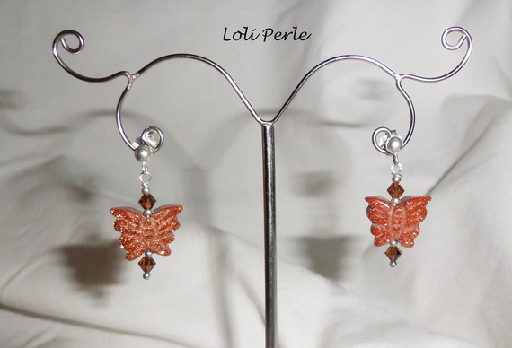 Pendientes mariposa de ágata marrón y cristal, plata 925