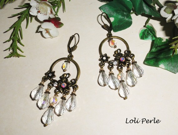 Pendientes flor y gota con gotas de cristal