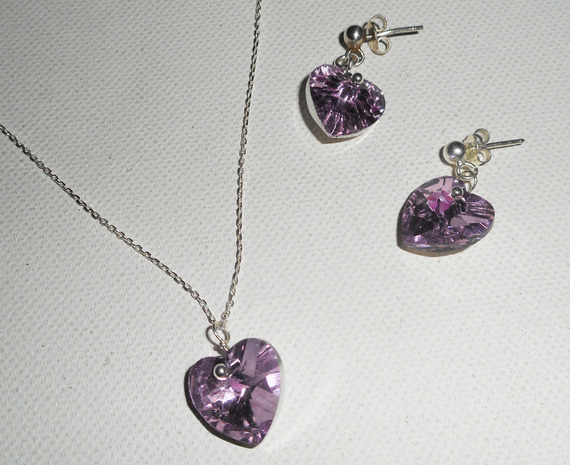 Conjunto Colgante corazón púrpura con cristal de Swarovski en cadena de plata 925