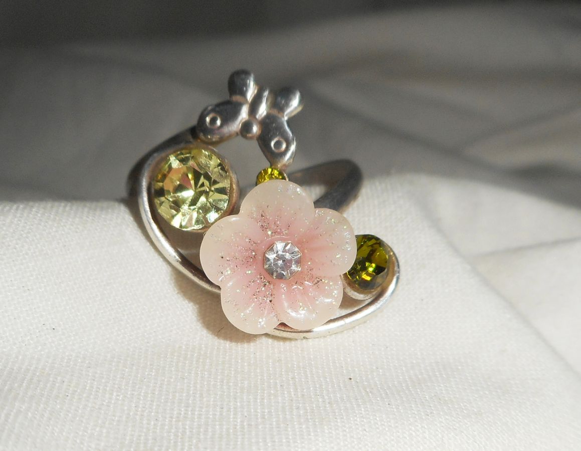 Original anillo de plata 925 con flor rosa y cristal de Swarovski