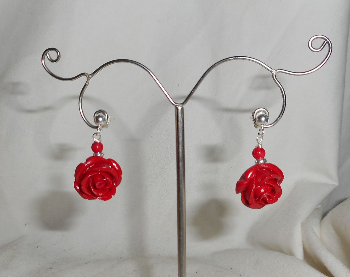 Pendientes con rosas rojas, plata 925