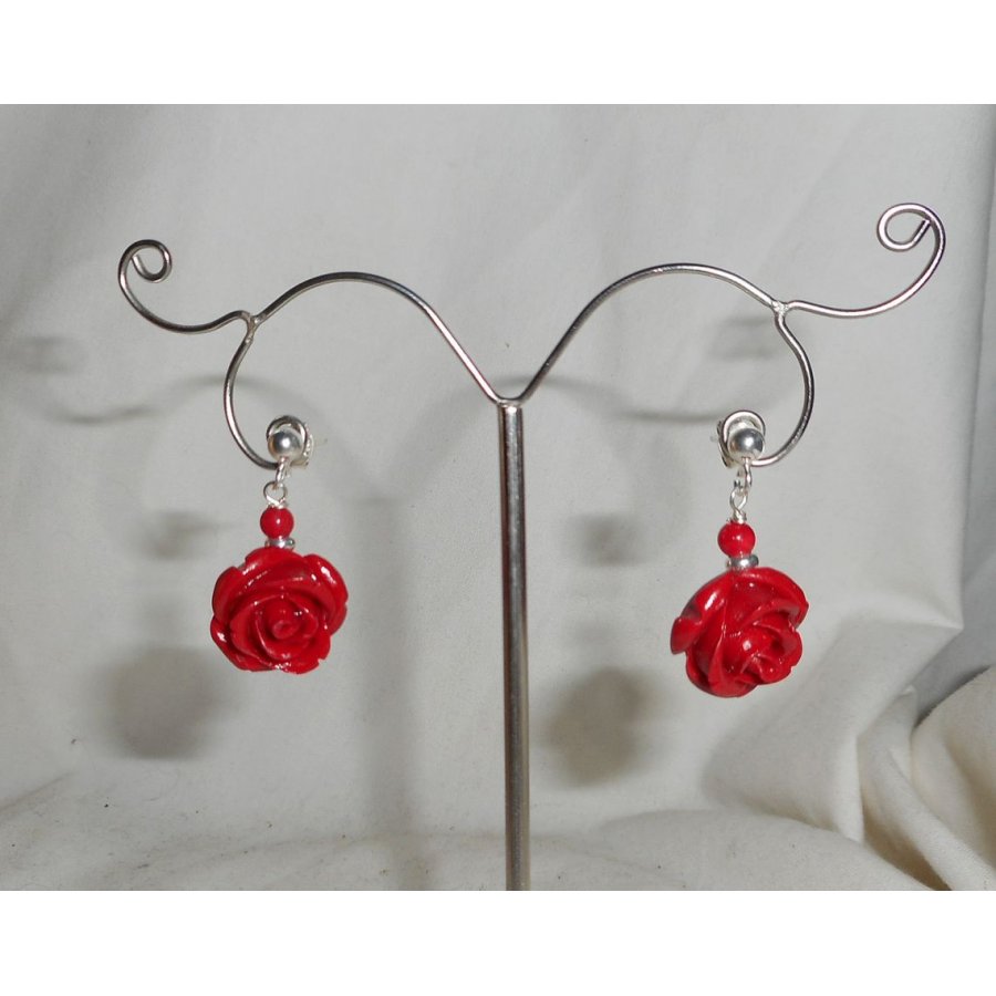 Pendientes con rosas rojas, plata 925