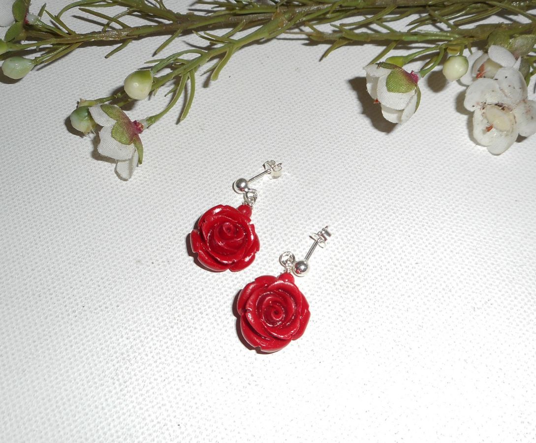 Pendientes con rosas rojas, plata 925