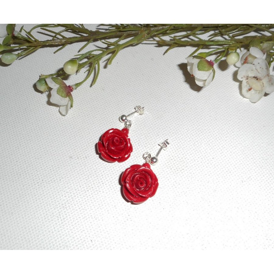 Pendientes con rosas rojas, plata 925