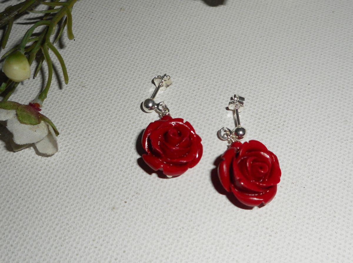 Pendientes con rosas rojas, plata 925