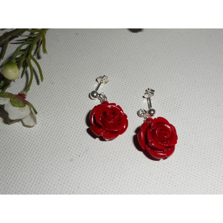 Pendientes con rosas rojas, plata 925