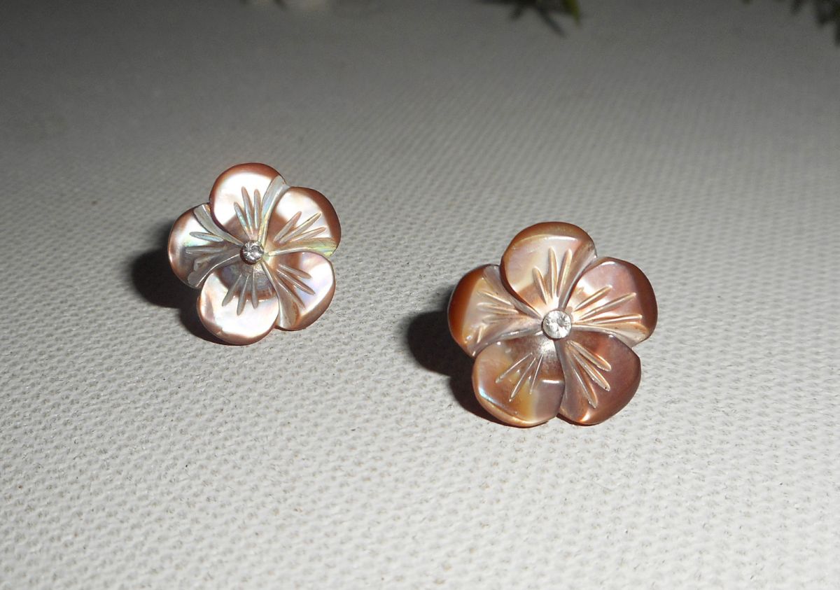 Pendientes con flor de nácar marrón, plata 925