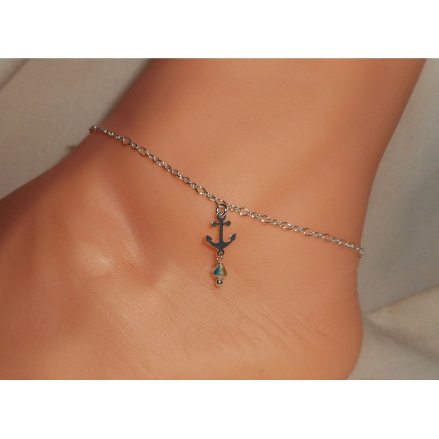 Pulsera/tobillera con ancla de cristal y peonza en cadena de plata 925