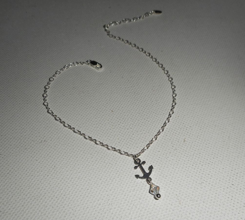 Pulsera/tobillera con ancla de cristal y peonza en cadena de plata 925