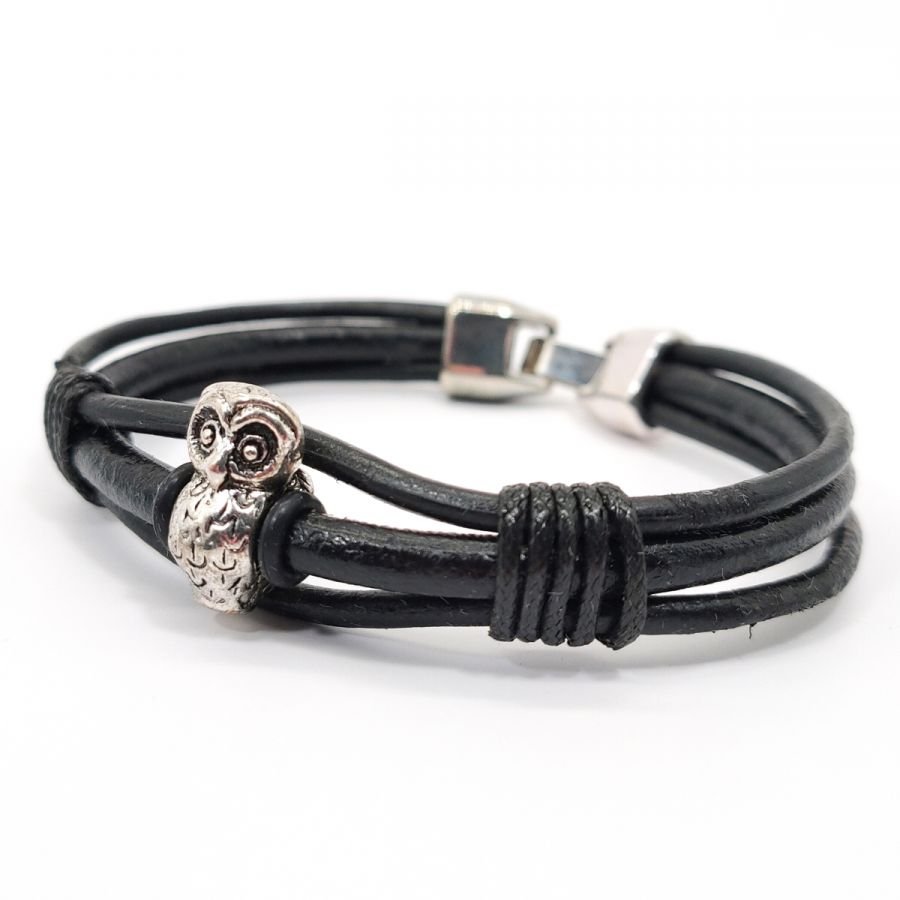 Pulsera búho con cordón de cuero negro