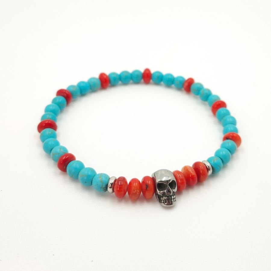 Pulsera de gorgonas y turquesas con calavera de acero inoxidable