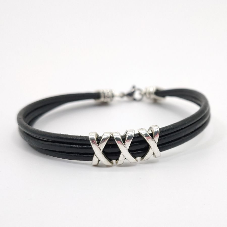 Pulsera hombre cuero negro multi filamentos con perla XXX