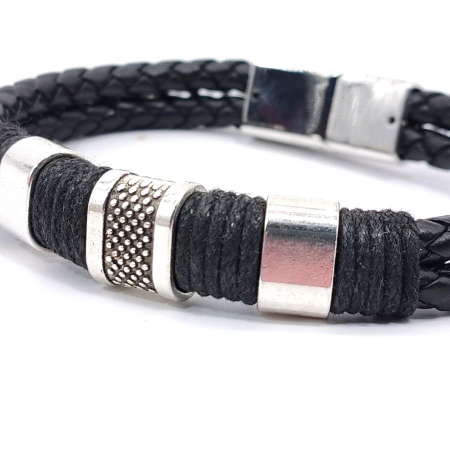 Pulsera de hombre con 3 bucles y cuerda en cuero negro