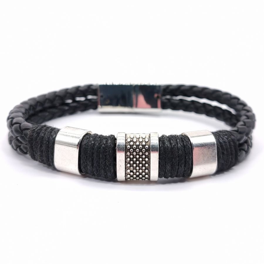 Pulsera de hombre con 3 bucles y cuerda en cuero negro