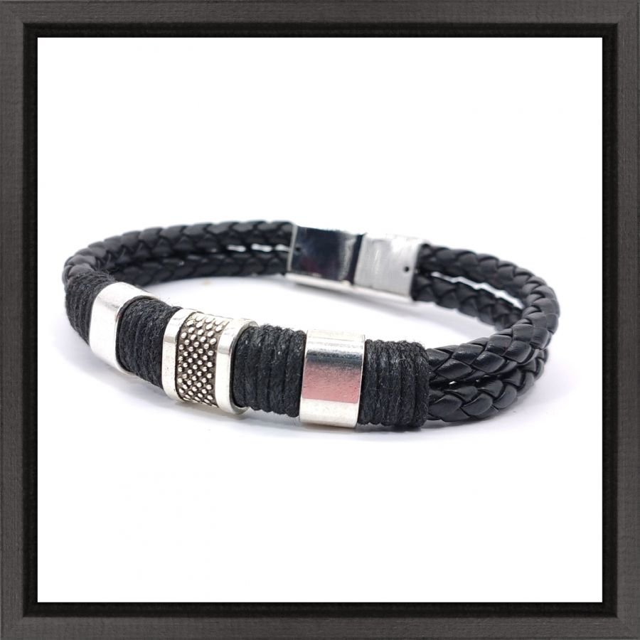 Pulsera de hombre con 3 bucles y cuerda en cuero negro