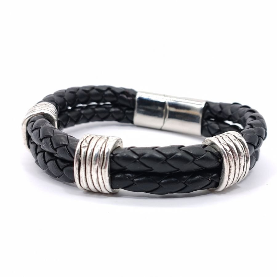 Pulsera de hombre con 3 bucles en doble fila de cuero negro