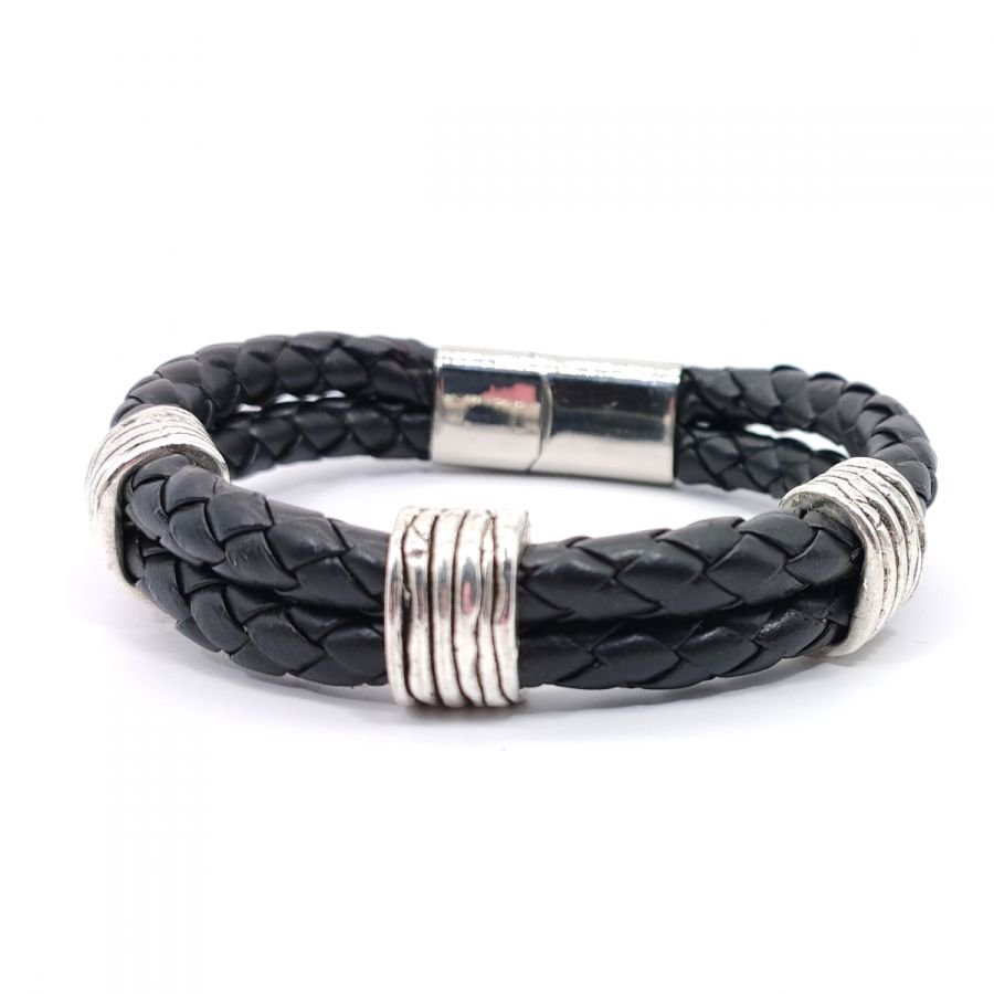 Pulsera de hombre con 3 bucles en doble fila de cuero negro