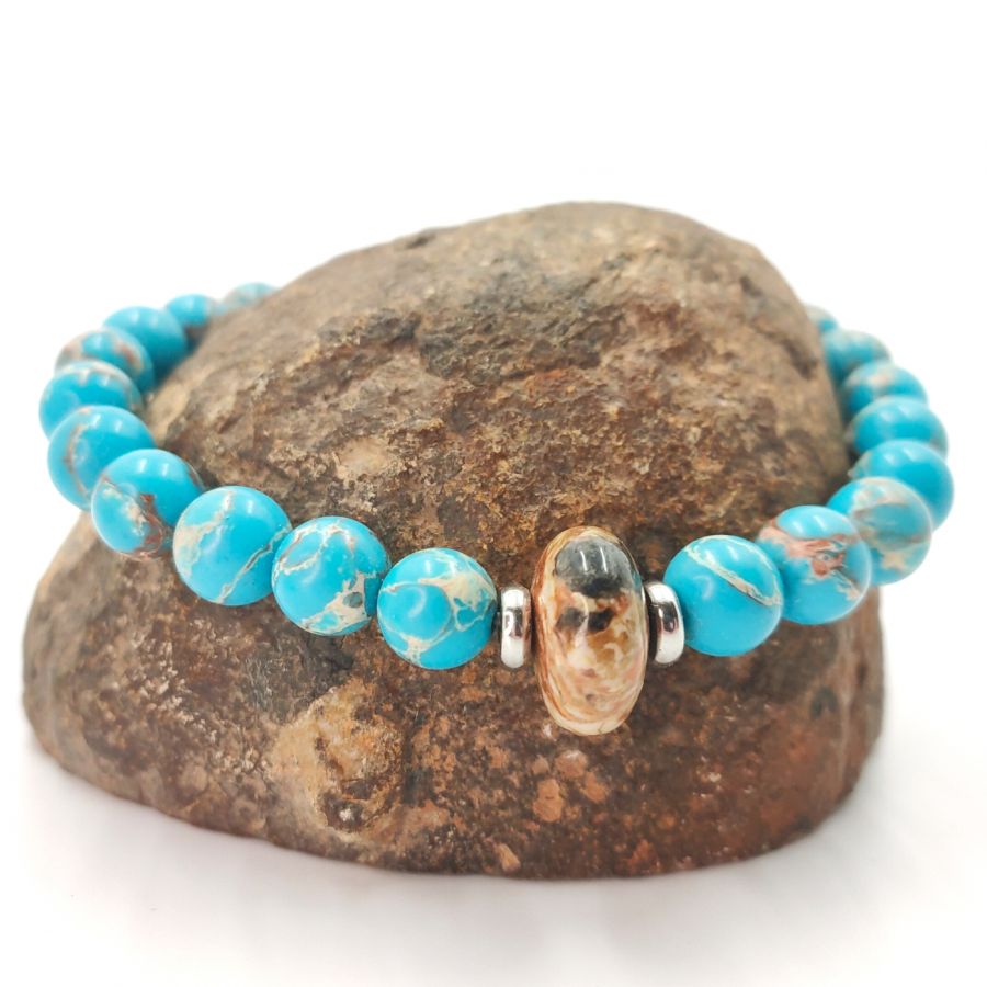 Pulsera de hombre con piedras de jaspe marrón y amazonita y acero inoxidable