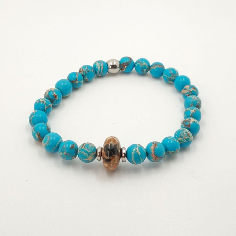 Pulsera de hombre con piedras de jaspe marrón y amazonita y acero inoxidable