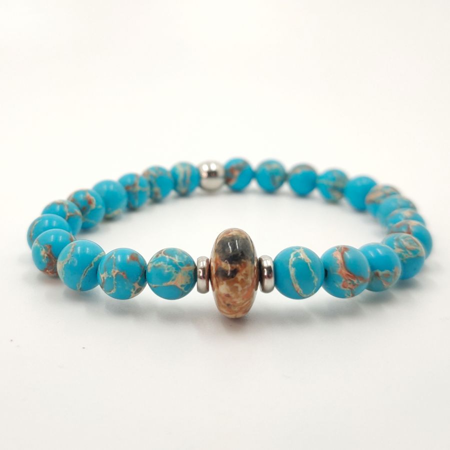 Pulsera de hombre con piedras de jaspe marrón y amazonita y acero inoxidable