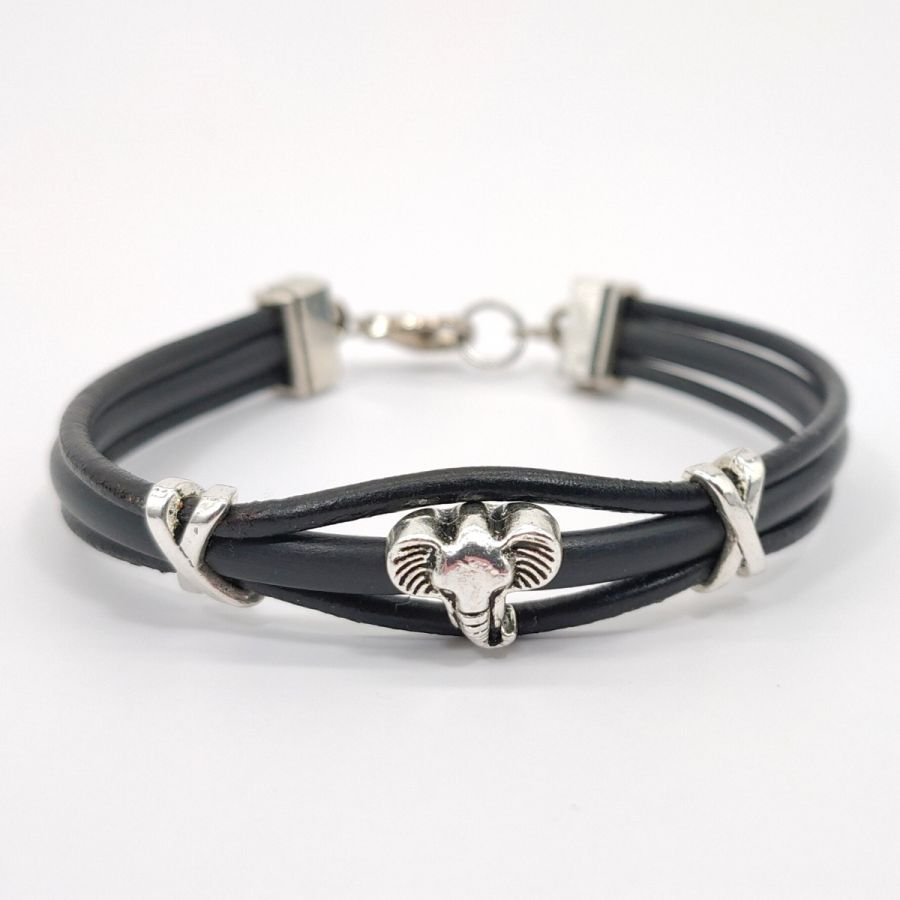 Pulsera elefante en cordones de cuero negro