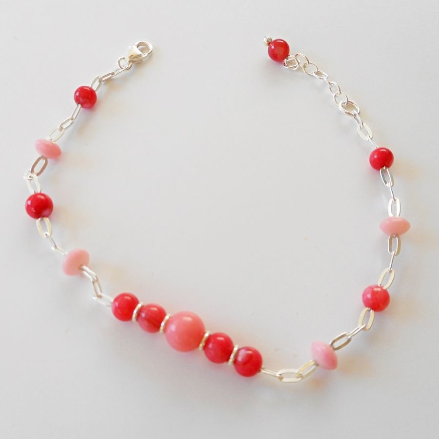 Pulsera de coral y gorgonias rojas en cadena de plata 925