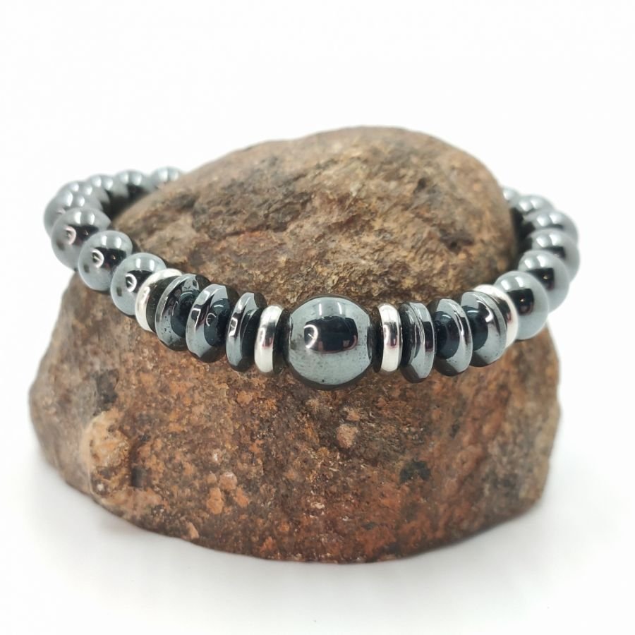 Pulsera de hombre de piedra hematites gris antracita y acero inoxidable