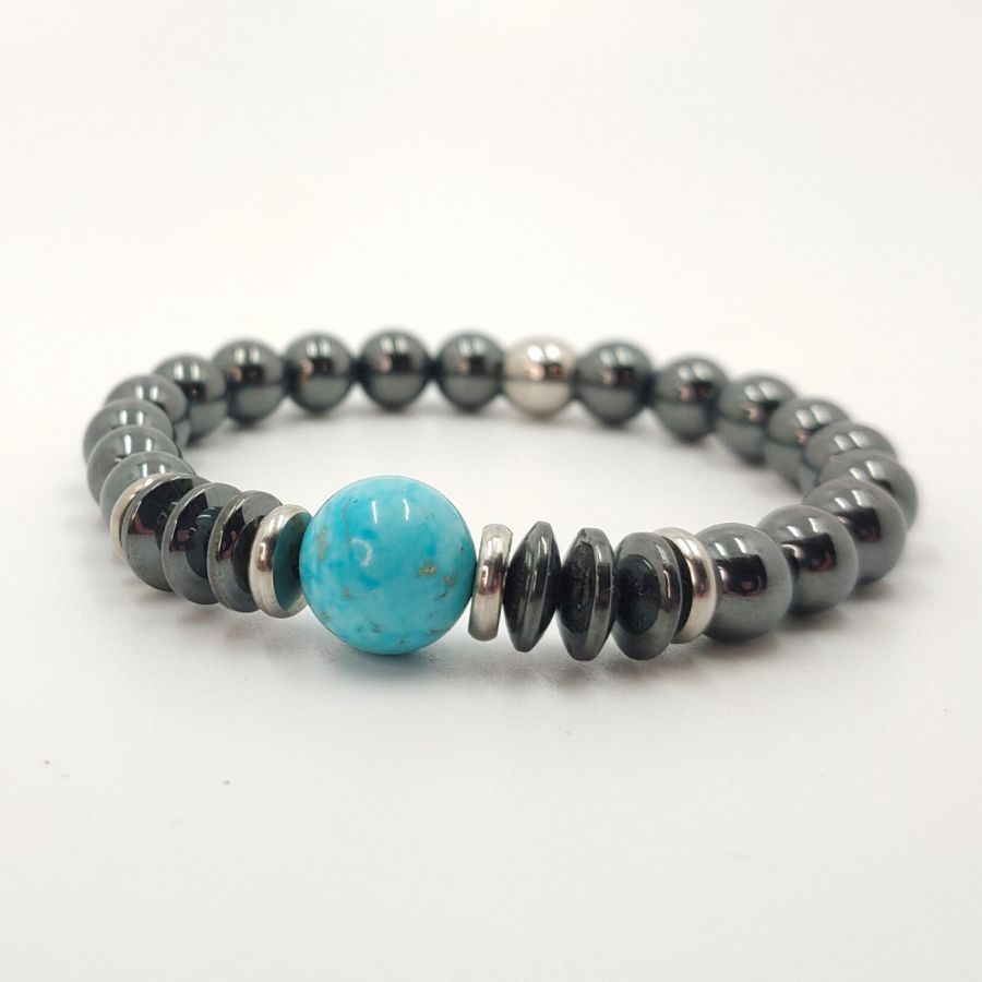 Pulsera con piedras de hematites gris y amazonita azul