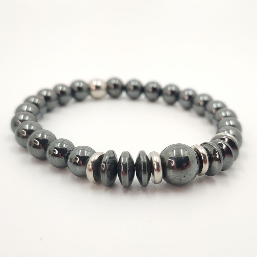 Pulsera de hombre de piedra hematites gris antracita y acero inoxidable