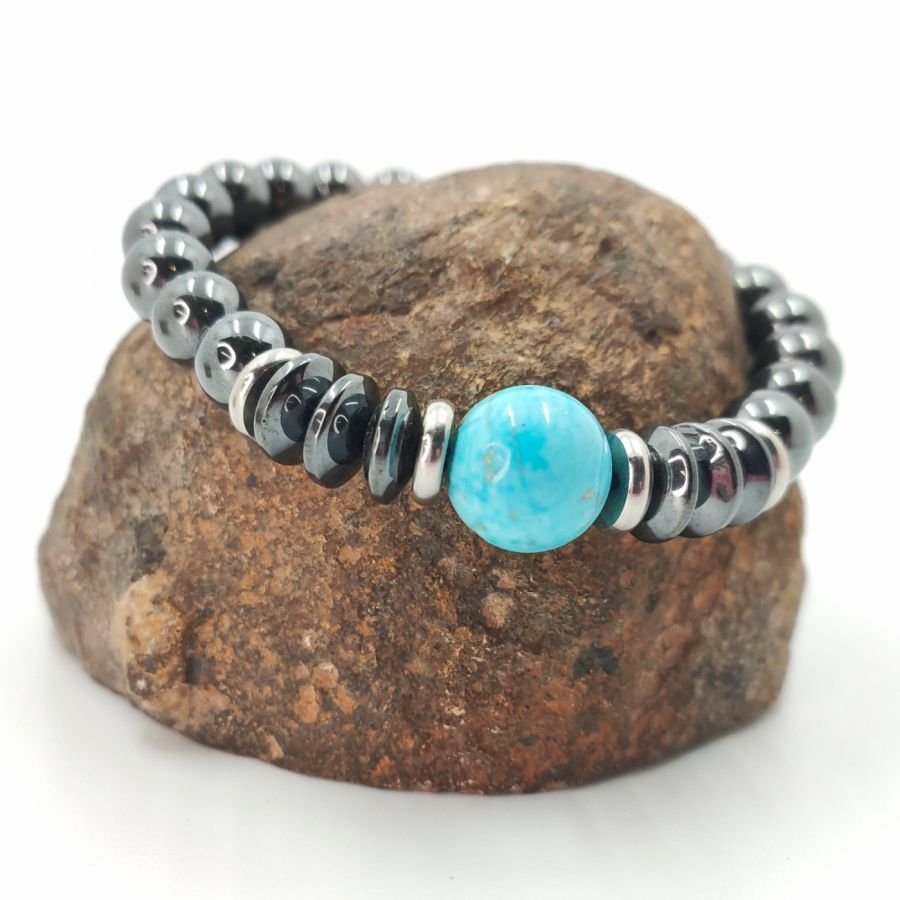 Pulsera con piedras de hematites gris y amazonita azul