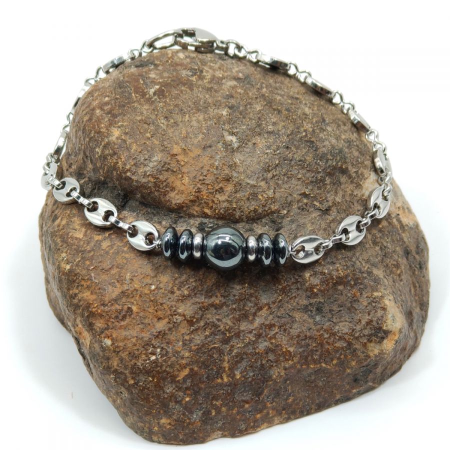 Pulsera de piedra hematites en cadena de acero granos de café 