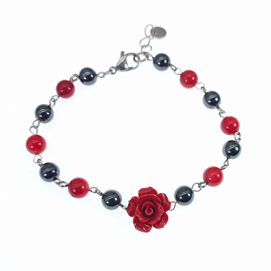 Pulsera de piedra hematites con rosa roja