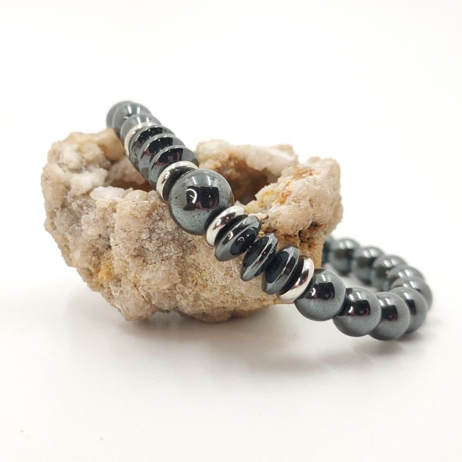 Pulsera de hombre de piedra hematites gris antracita y acero inoxidable