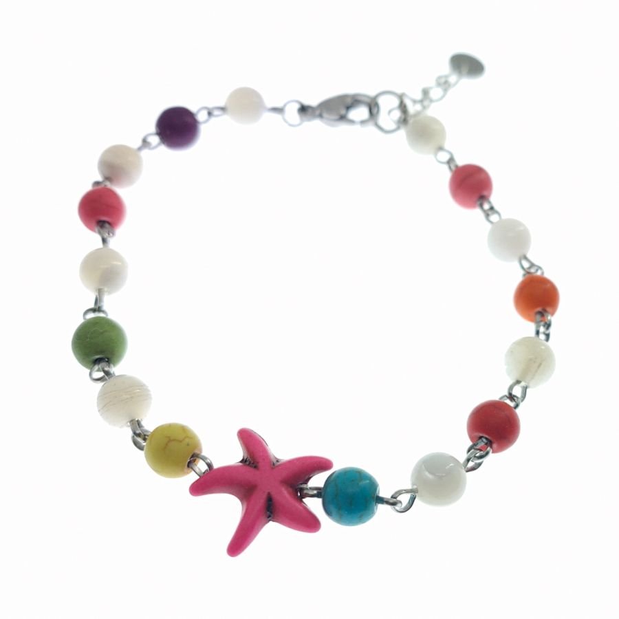 Pulsera de piedras multicolores con estrella de mar rosa