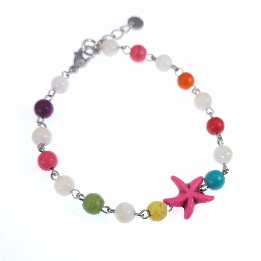 Pulsera de piedras multicolores con estrella de mar rosa