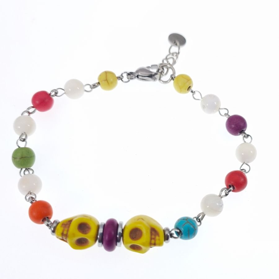 Pulsera de piedras multicolores con calavera amarilla