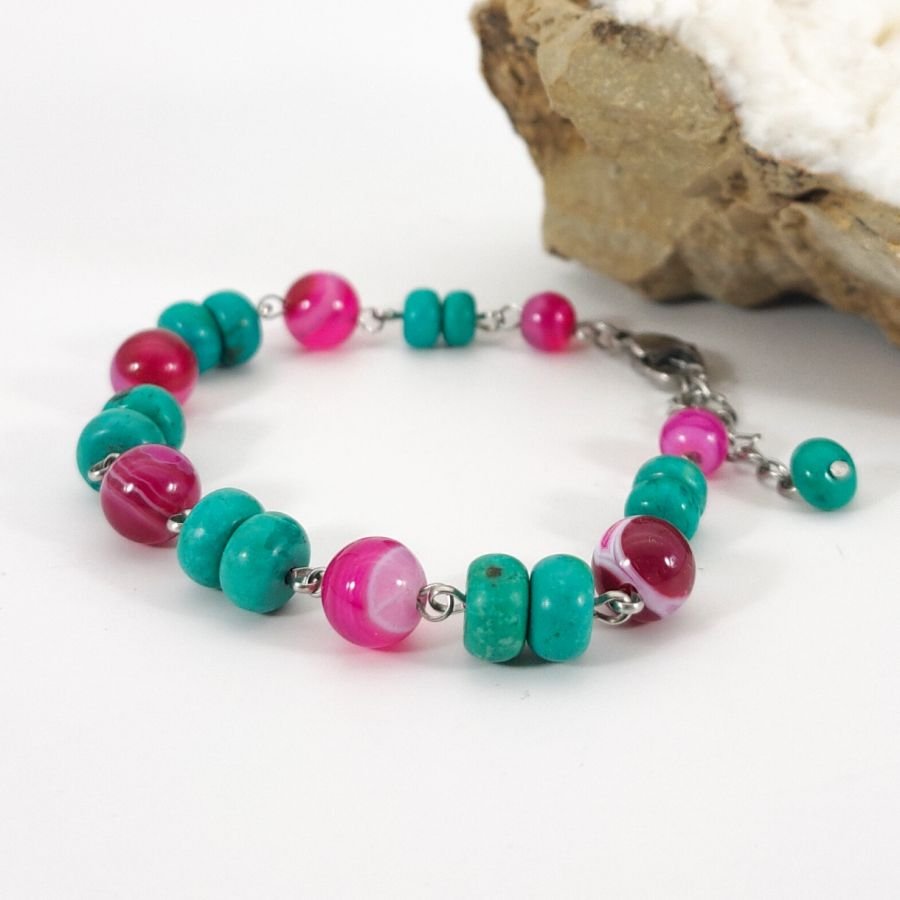 Pulsera de turquesa y ágata rosa fucsia