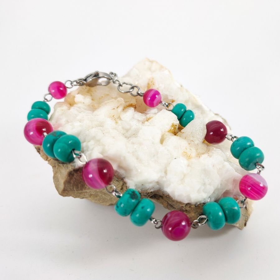 Pulsera de turquesa y ágata rosa fucsia