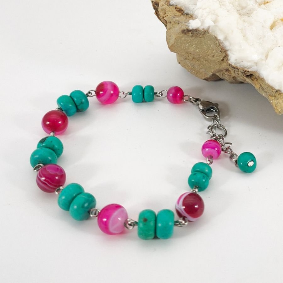 Pulsera de turquesa y ágata rosa fucsia