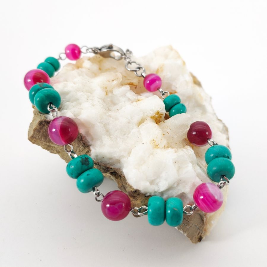 Pulsera de turquesa y ágata rosa fucsia