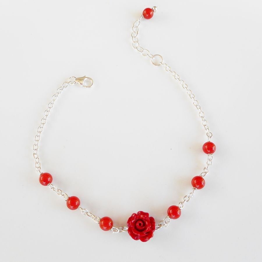 Bracelet rose rouge avec perle en gorgone rouge sur chaine argent 925