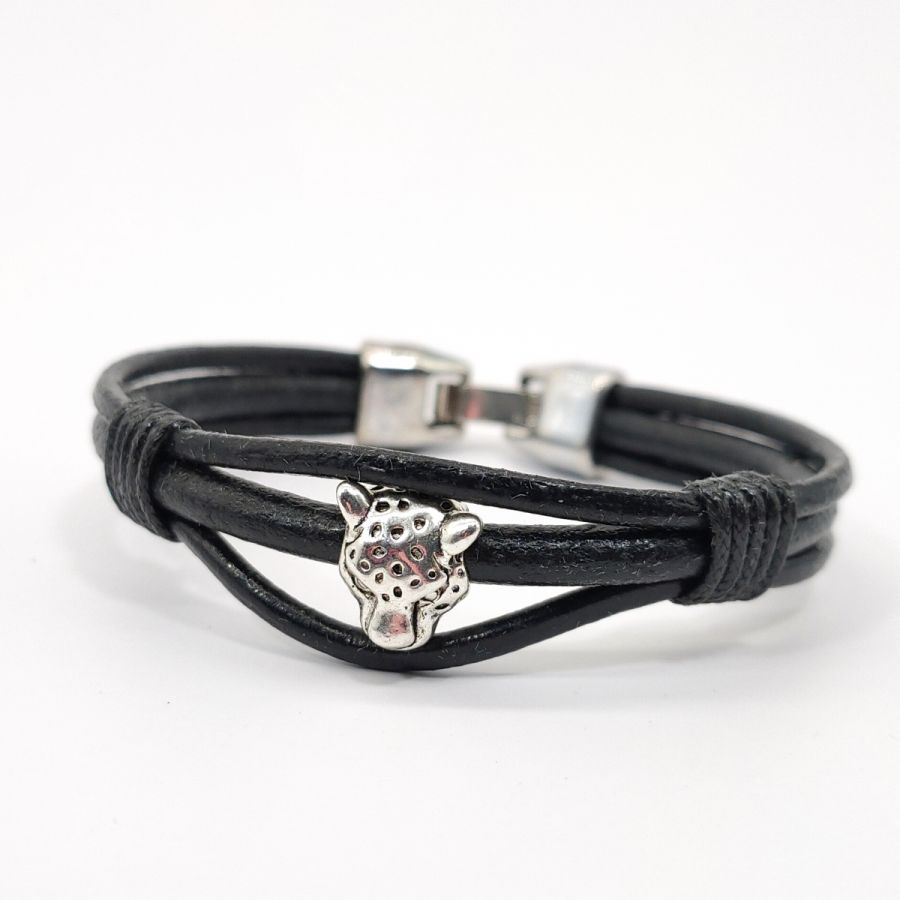 Pulsera de tigre con cordones de cuero negro