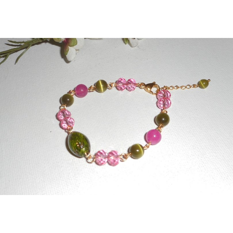 Pulsera de cristal de Murano y cristal rosa y verde sobre cadena de acero dorado