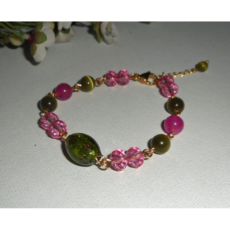 Pulsera de cristal de Murano y cristal rosa y verde sobre cadena de acero dorado