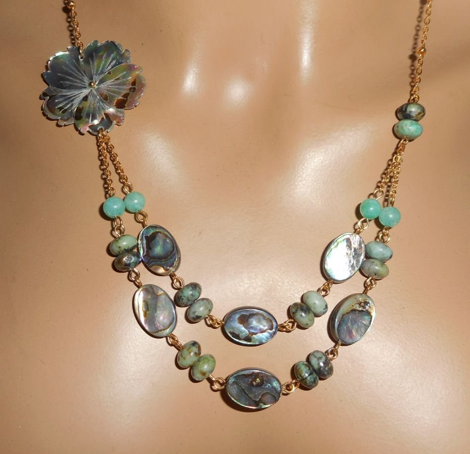 Collar engastado con piedras de jaspe verde con flores y doble fila de discos de abulón