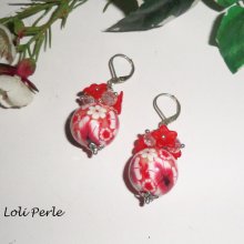 Pendientes de perlas flor rojas con cuentas de cristal