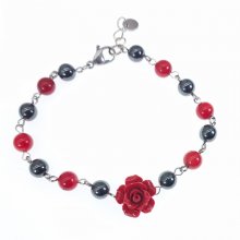 Pulsera de piedra hematites con rosa roja